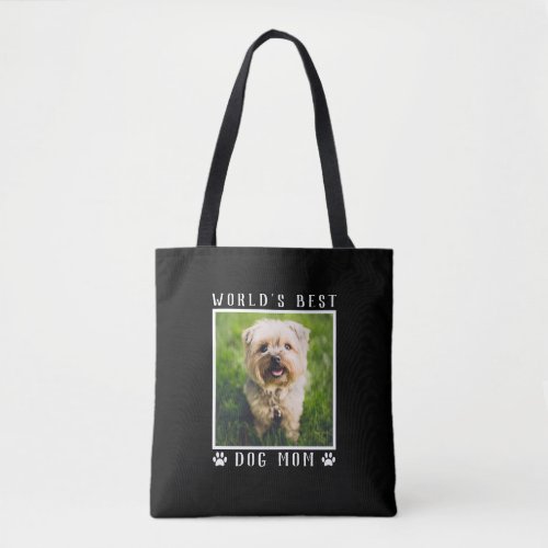 Cute Worlds Best Dog Mom Paw Prints Photo Black Tote Bag