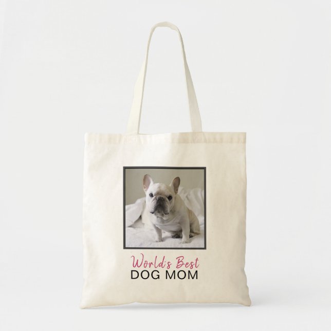 Cute World's Best Dog Mom Pink Gray Square Photo Tote Bag (Front)