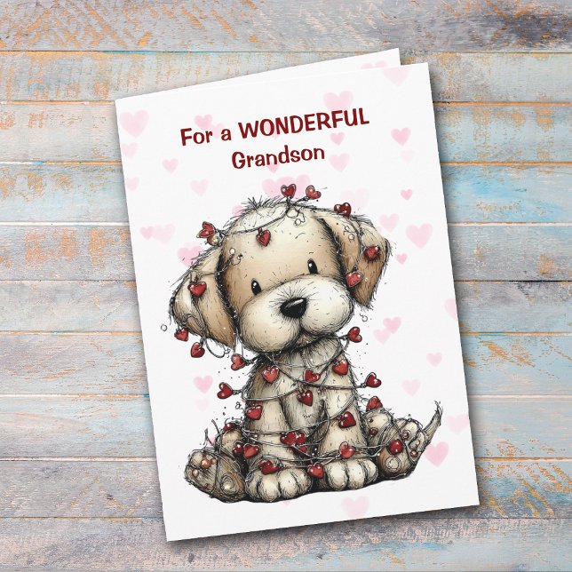 Cute Wrapped in Hearts Pup Grandson Valentine Card (Creator Uploaded)
