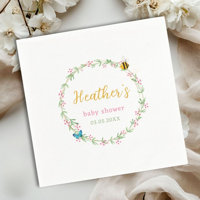 Cute Wreath, Bee & Butterfly Baby Shower Napkins (Cute Wreath, Bee & Butterfly Baby Shower Napkins with your name and date.)