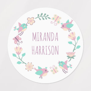 Cute Wreath Flowers Butterflies Birds Custom Name Kids' Labels