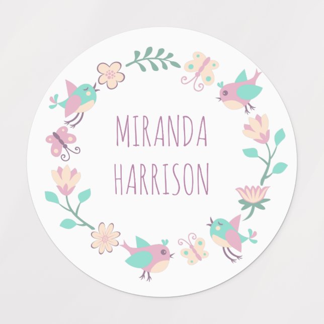 Cute Wreath Flowers Butterflies Birds Custom Name Kids' Labels (Design 1)