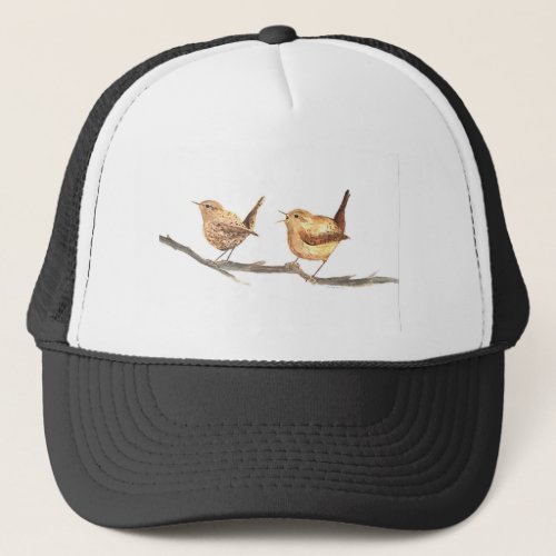 Cute wrens birds nursery watercolor trucker hat