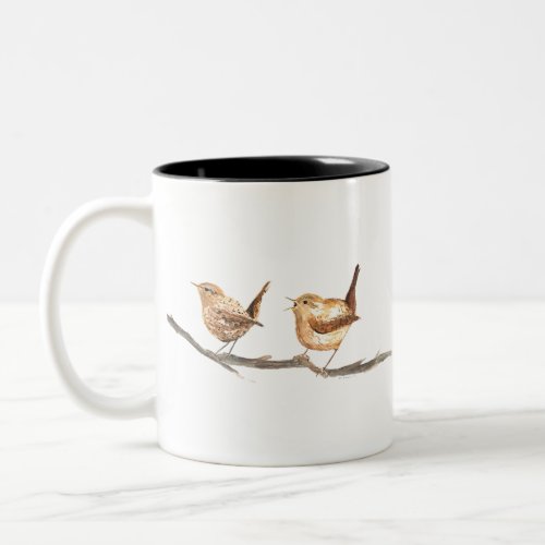 Cute wrens birds nursery watercolor Two_Tone coffee mug