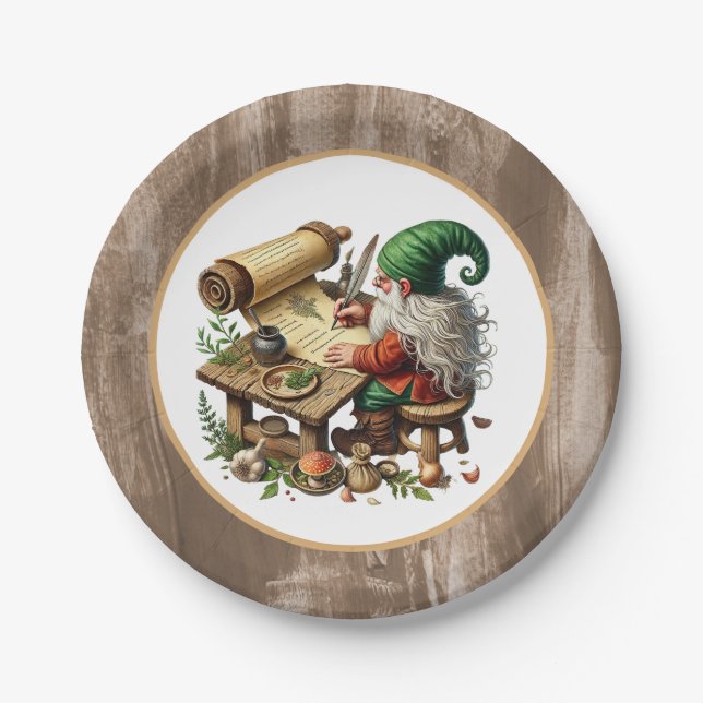 Cute writing gnome party paper plates (Front)