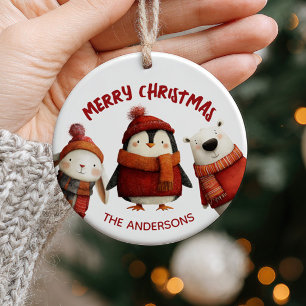 Cute Xmas Animals Merry Christmas Family Name Ceramic Ornament