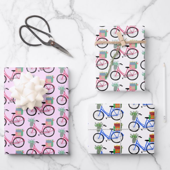 Cute Xmas Bicycles Holiday Pink Blue Gift  Wrapping Paper Sheets (Front)