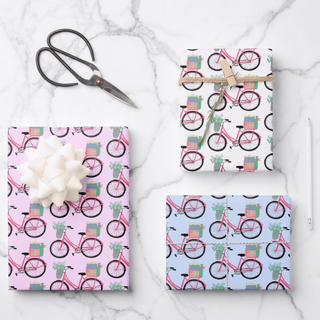 Cute Xmas Bicycles Holiday Pink Blue Gift   Wrapping Paper Sheets (Front)