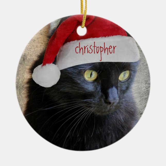 Cute Xmas Cat, black back, personalized name/year Ceramic Ornament (Front)