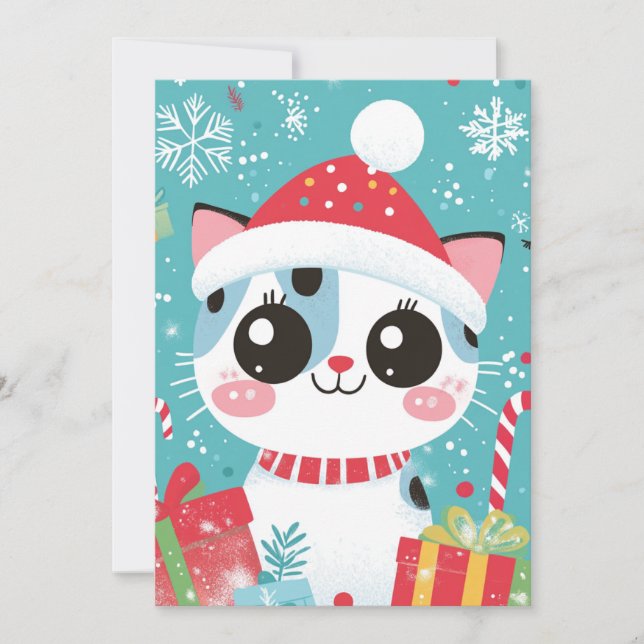 Cute Xmas Cat  Candy Cane Gifts Custom Text Holiday Card (Front)