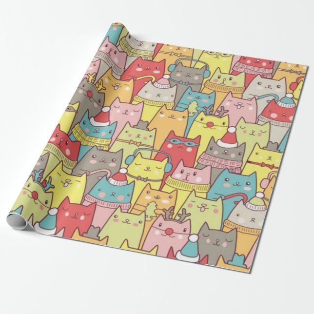 Cute Xmas Cats Wrapping Paper (Unrolled)