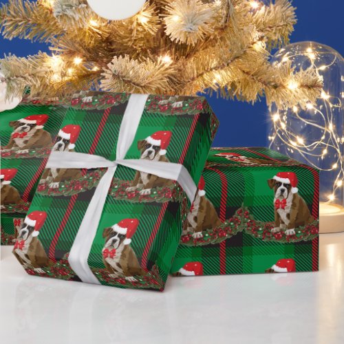 Cute Xmas Dog Hat Green Plaid Wrapping Paper 