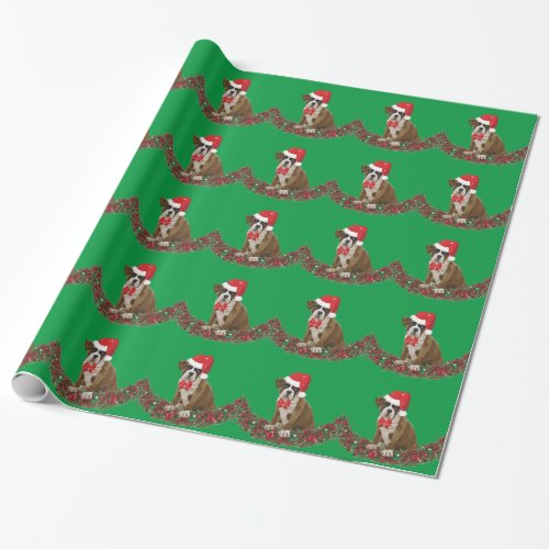 Cute Xmas Dog with Santa Hat Green Wrapping Paper 