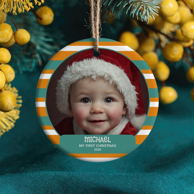 Cute Xmas Gnome First Christmas Baby Name& Photo  Ceramic Ornament (Creator Uploaded)