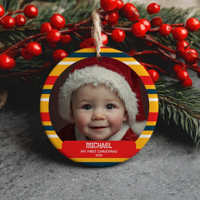 Cute Xmas Gnome My First Christmas Baby Photo  Ceramic Ornament (Creator Uploaded)