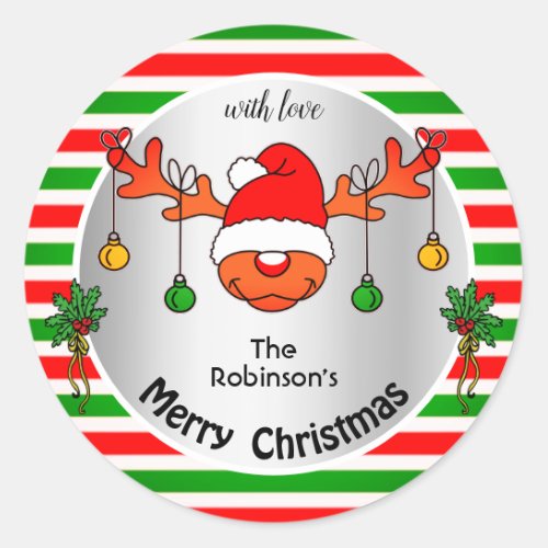 Cute Xmas Reindeer Red and Green Stripes Humor Classic Round Sticker