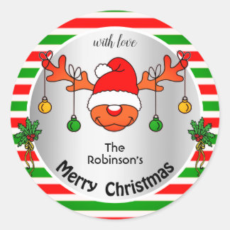 Cute Xmas Reindeer Red and Green Stripes Humor Classic Round Sticker