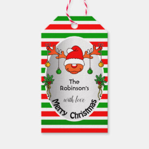 Cute Xmas Reindeer Red and Green Stripes Humor Gift Tags