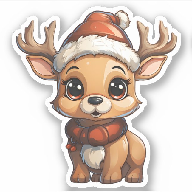 Cute Xmas Reindeer Wearing Santa Hat And Scarf Sticker (Front)