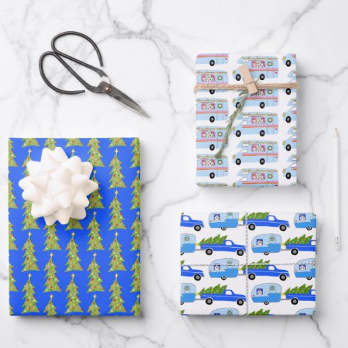 Cute Xmas RV Camper Trees Trailers Holiday Blue Wrapping Paper Sheets