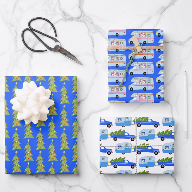 Cute Xmas RV Camper Trees Trailers Holiday Blue Wrapping Paper Sheets (Front)