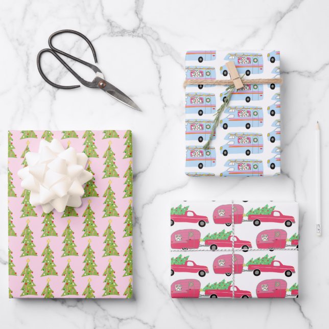 Cute Xmas RV Camper Trees Trailers Holiday Pink Wrapping Paper Sheets (Front)