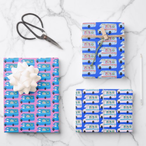 Cute Xmas RV Campers Motorhomes Holiday Blue Pink Wrapping Paper Sheets