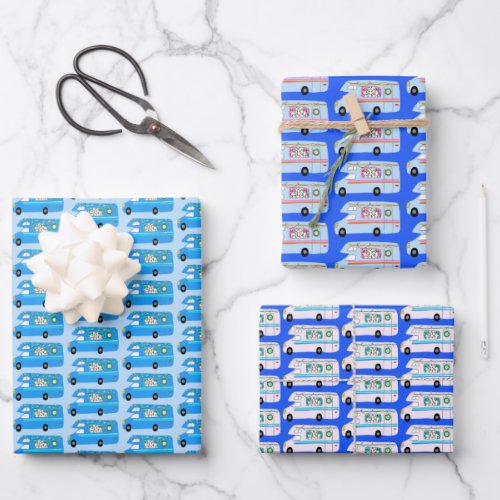 Cute Xmas RV Campers Motorhomes Holiday Blue Wrapping Paper Sheets