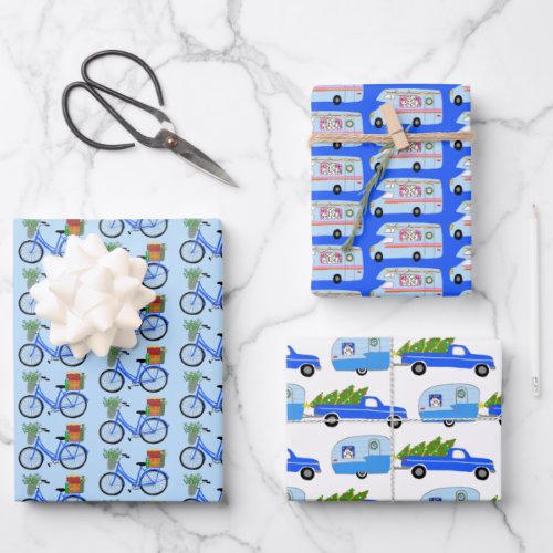 Cute Xmas Trailers RV Bikes Colorful Holiday Blue Wrapping Paper Sheets