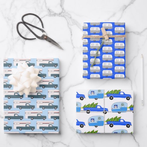 Cute Xmas Trailers RV Trucks Colorful Holiday Blue Wrapping Paper Sheets