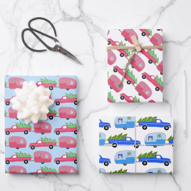 Cute Xmas Trailers RVs Camping Road Trip Holiday Wrapping Paper Sheets (Front)