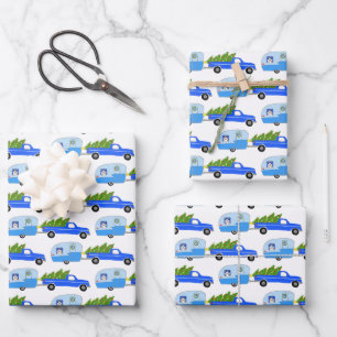 Cute Xmas Trailers RVs Trucks Blue Christmas Wrapping Paper Sheets