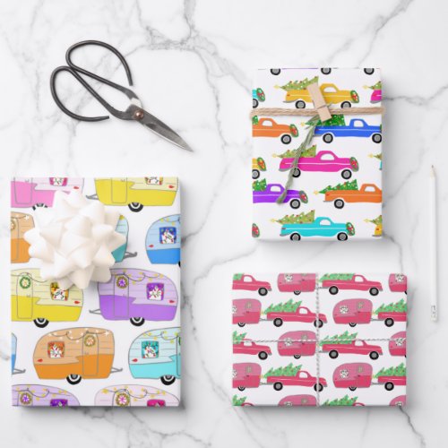 Cute Xmas Trailers RVs Trucks Colorful Holiday  Wrapping Paper Sheets