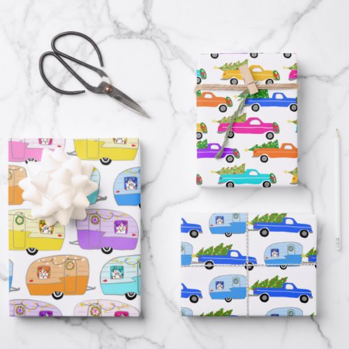 Cute Xmas Trailers RVs Trucks Colorful Holiday Wrapping Paper Sheets