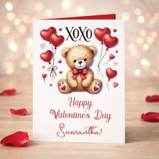 Cute XOXO Bear with Heart Balloons Holiday Card
