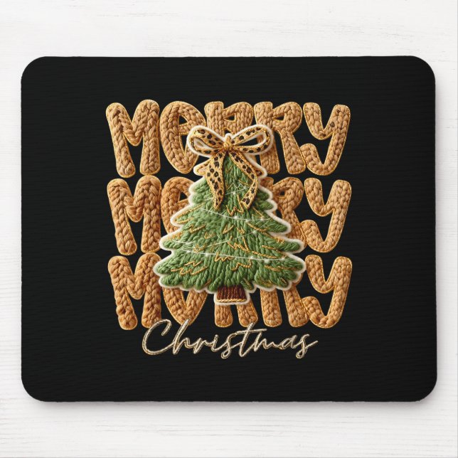 Cute Yarn Crochet Preppy Merry Christmas Tree Bow  Mouse Pad (Front)