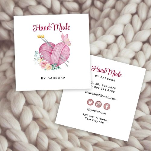 Cute Yarn Heart Knitting Need Square Business Card