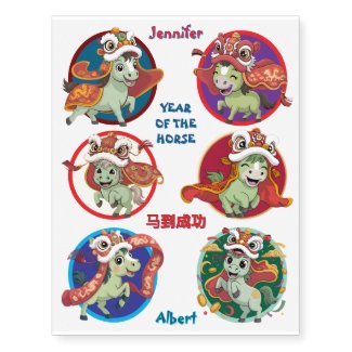Cute Year of the Fire Horse Lunar Lion Dance Kids  Temporary Tattoos