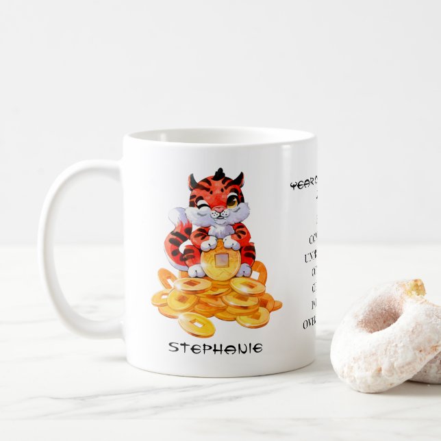 Cute Year of the Tiger Personalized  Coffee Mug (With Donut)