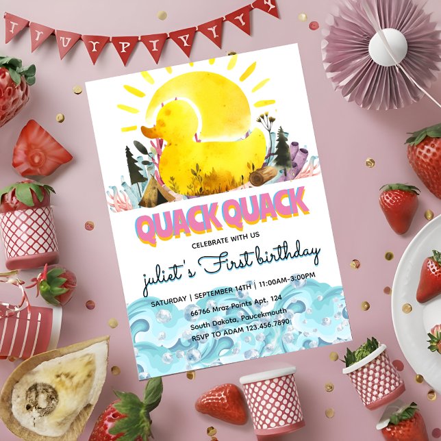 Cute yellow 1st rubber duck birthday invitations (Creator Uploaded)