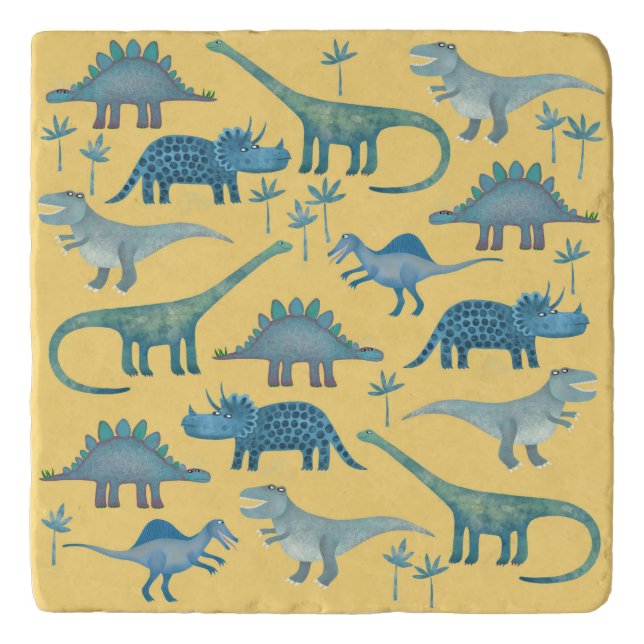 Cute Yellow and Blue Dinosaurs Trivet (Front)
