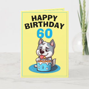 Cute Yellow and Blue Husky Husband 60th Birthday Card