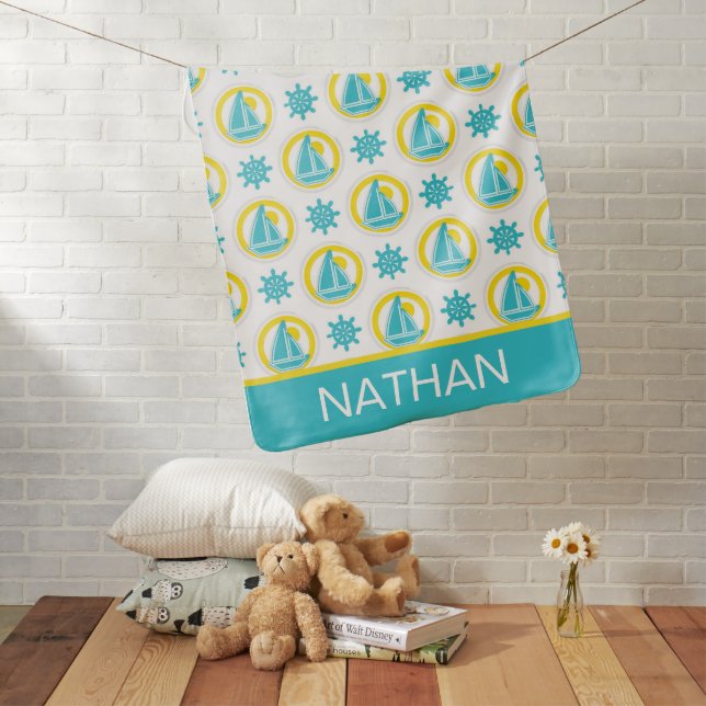 Cute Yellow and Blue Nautical Pattern Personalised Baby Blanket (In Situ)
