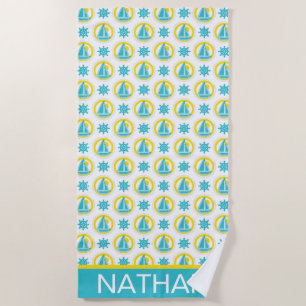 Cute Yellow and Blue Nautical Pattern Personalised Beach Towel
