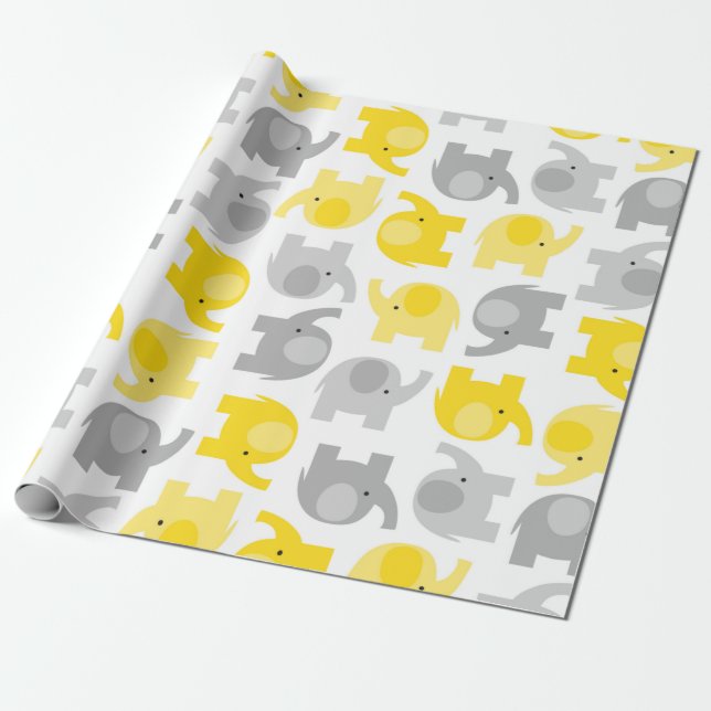 Cute Yellow and Gray Baby Elephants Wrapping Paper (Unrolled)