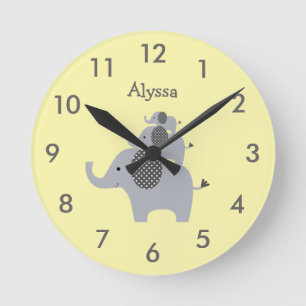 Cute Yellow and Gray Elephant Custom Nursery Round Clock