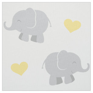 Cute Yellow and Gray Elephants and Hearts Pattern Fabric
