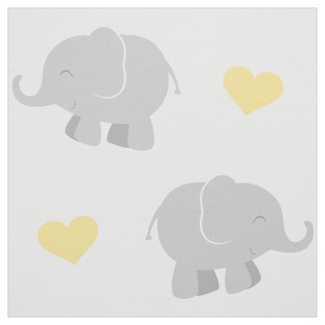 Cute Yellow and Gray Elephants and Hearts Pattern Fabric (Swatch)