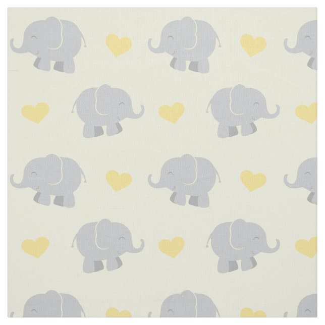 Cute Yellow and Gray Elephants and Hearts Pattern Fabric (Swatch)