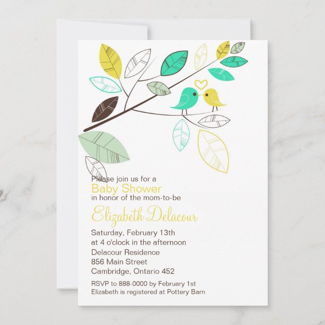 Cute Yellow and Green Lovebirds Spring Baby Shower Invitation (Front)